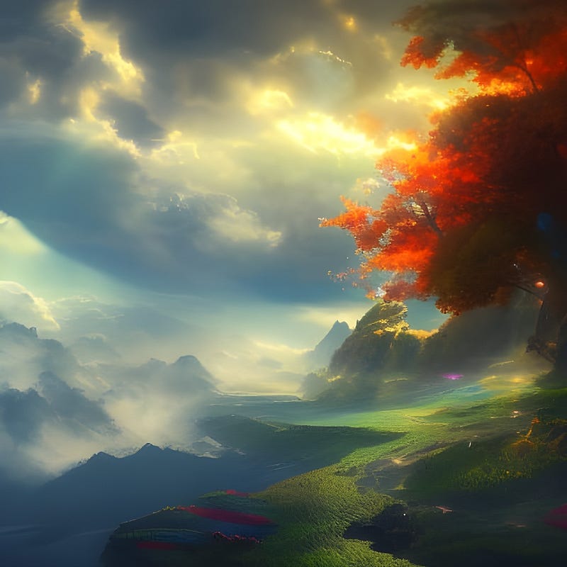 The sun breaking through the clouds,  shining on different layers of worlds