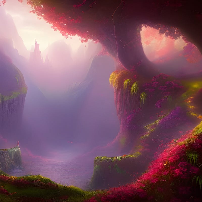 An ancient grove of trees, moss and colourful flowers with a path leading along the valley and up the mountain. AI Art Generator.