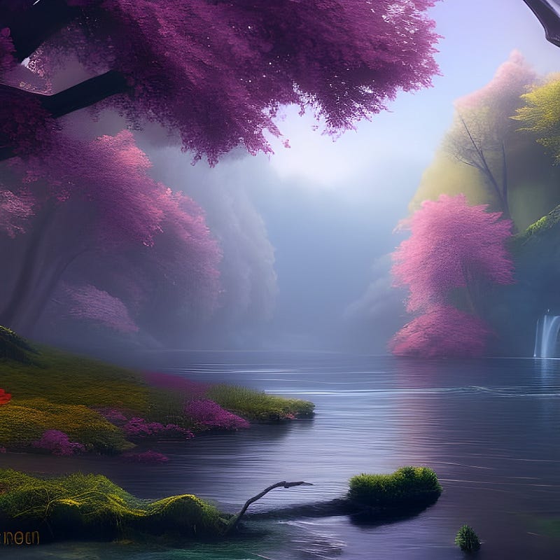 Pink blossom trees overhanging a beautiful still lake, a gently sloping bank just asking you to sit for while then dive in!