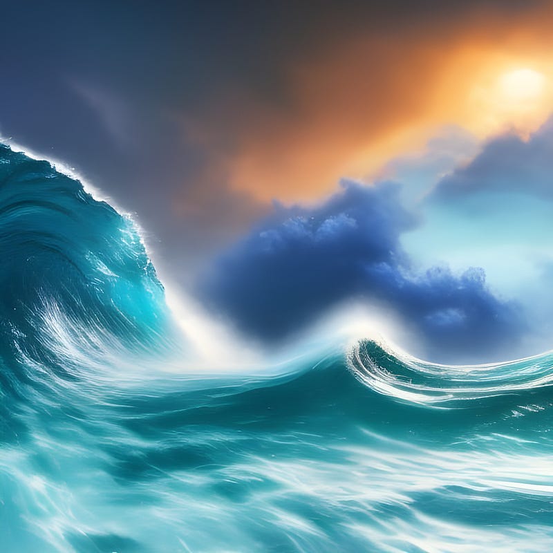 A very stormy sea with one enormous wave, a moody sky behind with the sun breaking through