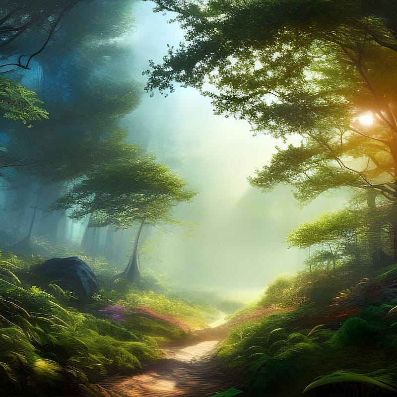 A gentle path between trees in summer with the sun shining down