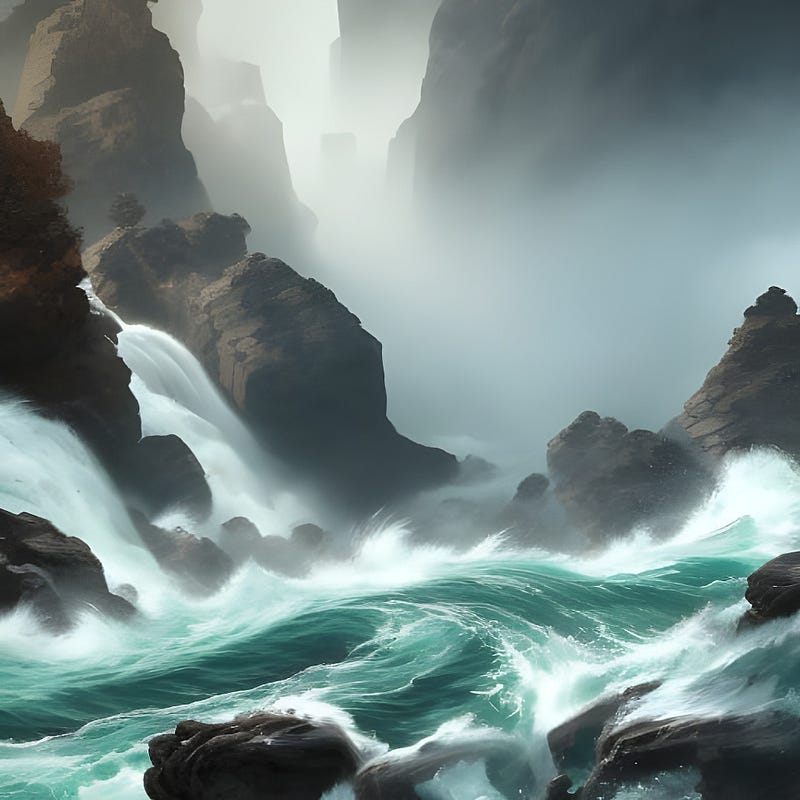 Water pouring and raging through a rocky course