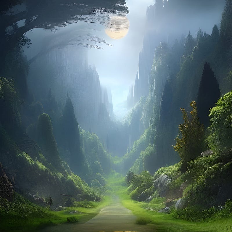 A path between grassy verges, trees and mountains