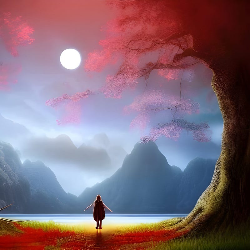 A girl looking up at the full moon with a huge blossom tree on her right hand side, she’s kind of levitating! There’s a lake and mountains beyond her.