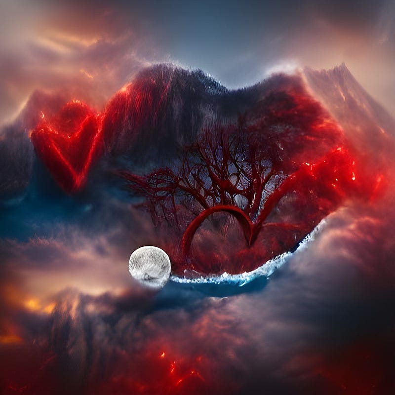 Abstract image, bright red, greys and blue, full moon, water, red heart with mountains and moody sky beyond