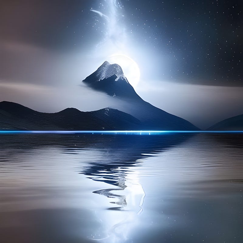 A startlingly beautiful, powerful full moon behind a half mist-soaked mountain, reflecting in glistening water