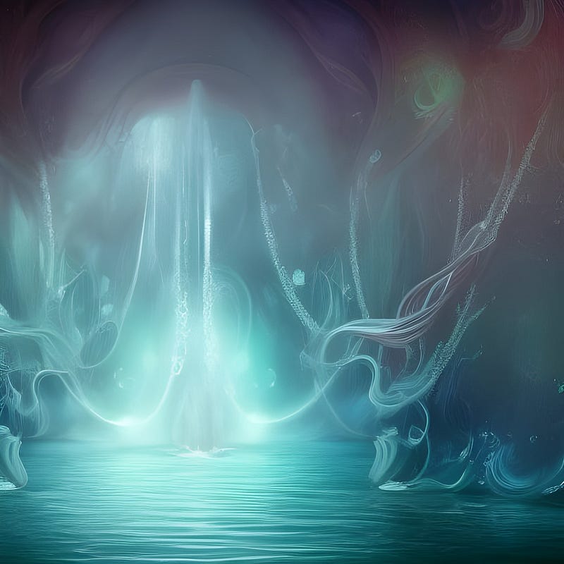 Abstract swirls of creative flow around a magical light-filled pool of water