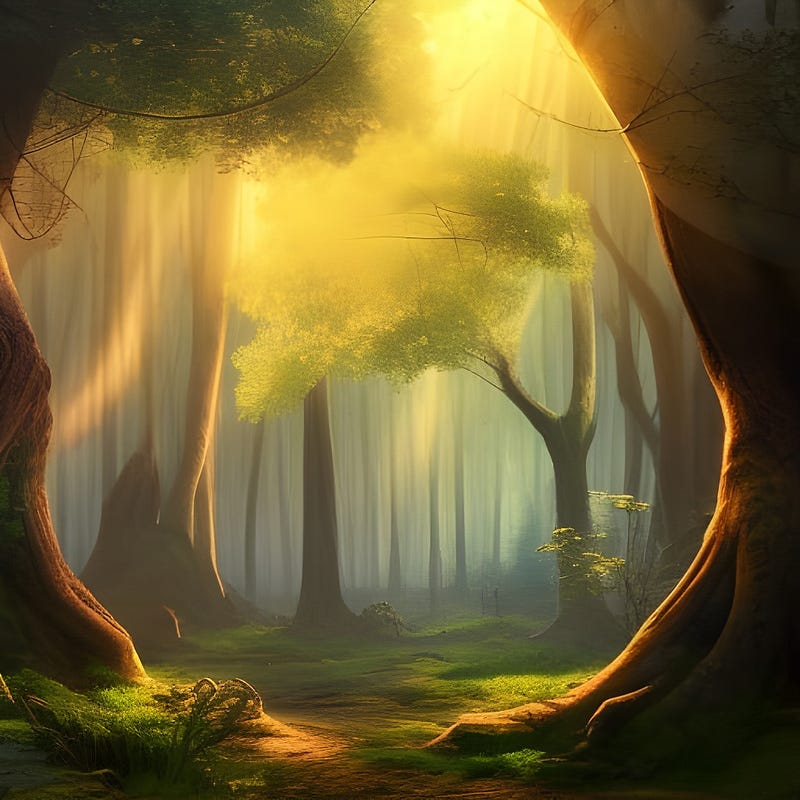 Sunlight streaming through the trees onto a sheltered glade