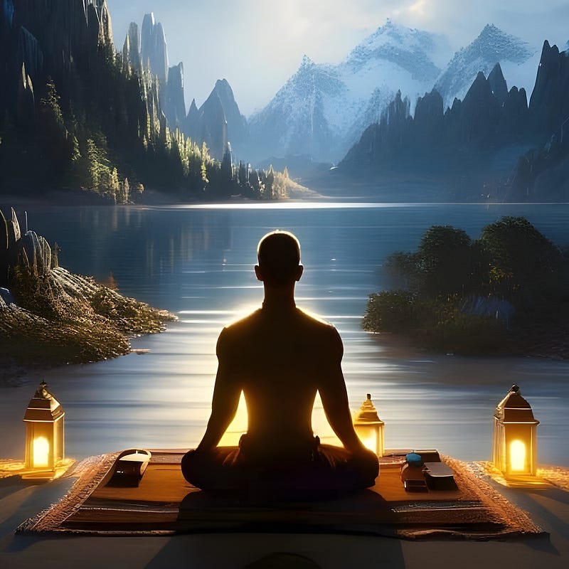 A person meditating on a rug with lanterns either side of them, overlooking a beautiful lake and mountains