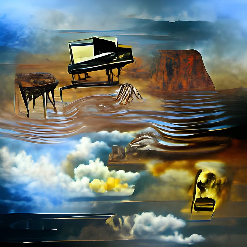 Abstract image with water, sky (above and below the water), a mountain, and something resembling a broken down piano