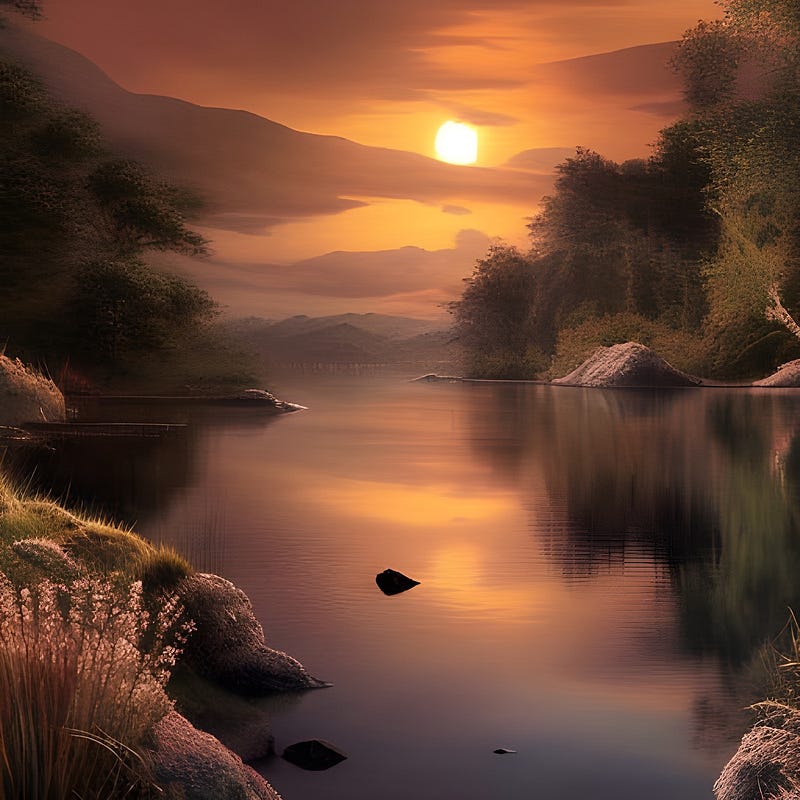 A beautiful lake with trees all around and mountains in the background underneath a golden full moon