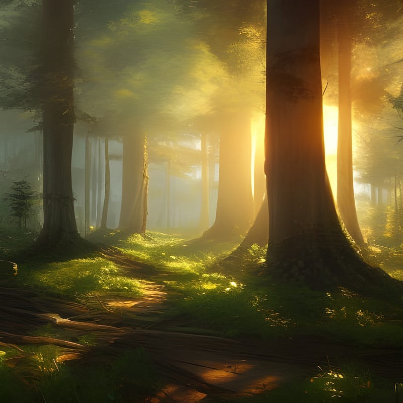 Sunshine pouring through the dense trees of an ancient forest