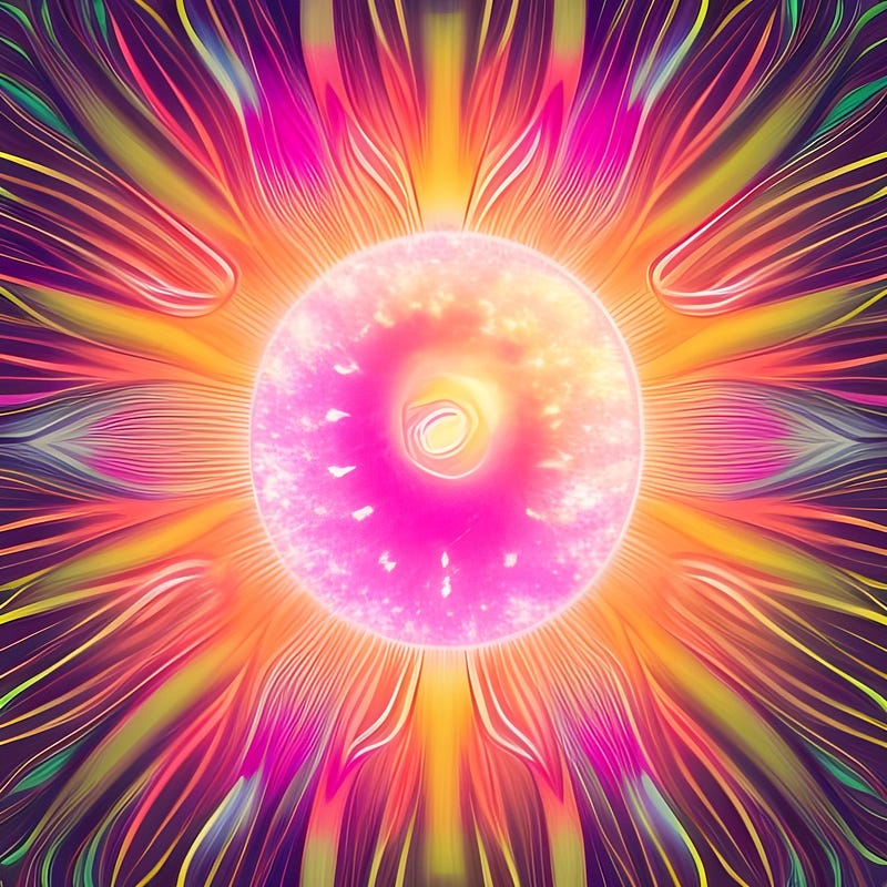 Pink centred sun, womb, fire, abstract beauty